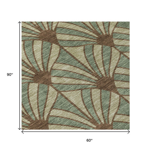 5' X 8' Artichoke Green Brown And Beige Seashell Washable Indoor Outdoor Area Rug
