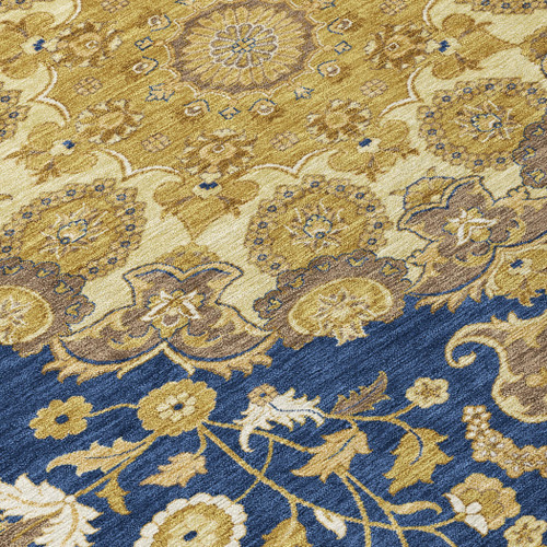 8' Navy Blue And Blue Round Damask Washable Indoor Outdoor Area Rug