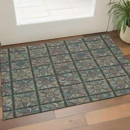 3' X 5' Fern Green Purple And Teal Medallion Washable Area Rug With UV Protection