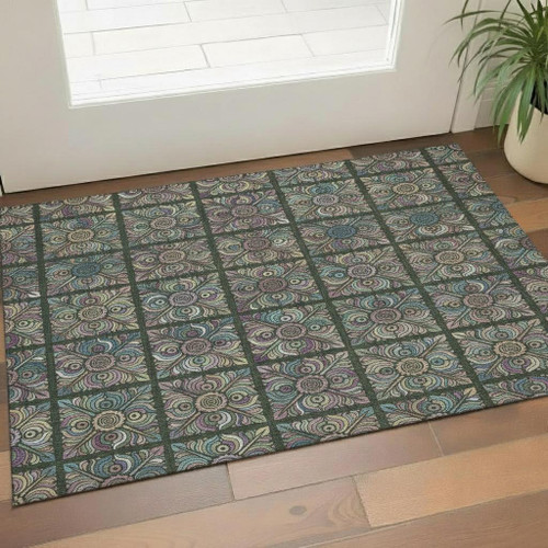 3' X 5' Fern Green Purple And Teal Medallion Washable Area Rug With UV Protection