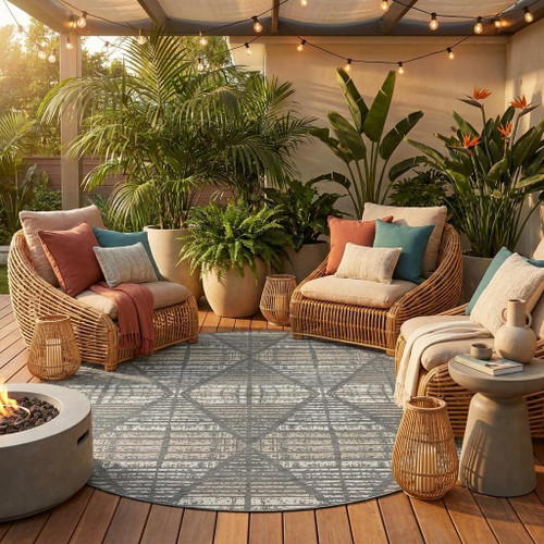 8' Gray And Taupe Round Geometric Washable Indoor Outdoor Area Rug