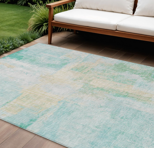 10' X 14' Teal Blue And Wheat Abstract Washable Indoor Outdoor Area Rug