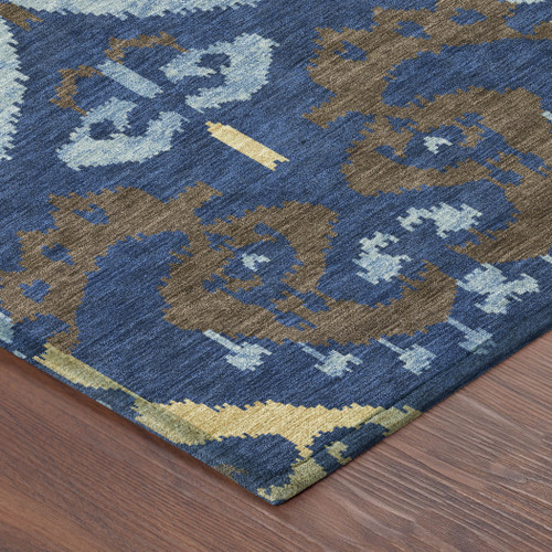 8' Navy Blue And Blue Round Ikat Washable Indoor Outdoor Area Rug