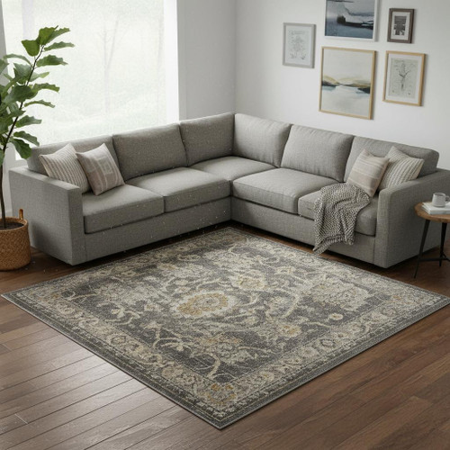 7' X 10' Gray Floral Distressed Area Rug