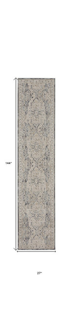 12' Ivory And Charcoal Medallion Distressed Runner Rug With Fringe