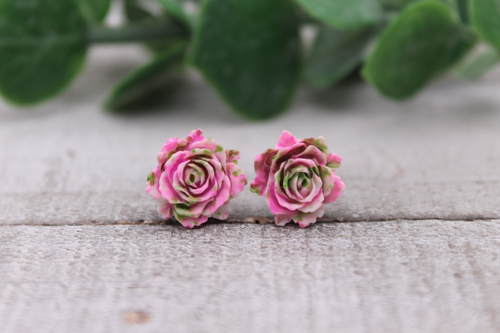Pink & Green Rosette Stud Earrings
