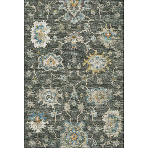 5' X 8' Charcoal Blue And Gold Floral Medallion Distressed Washable Area Rug With UV Protection