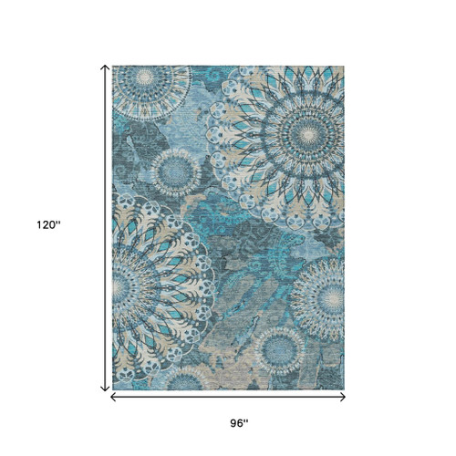 8' X 10' Teal Blue Khaki And Ivory Paisley Washable Indoor Outdoor Area Rug