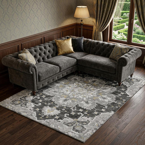 10' X 14' Graphite Gold And Charcoal Floral Medallion Distressed Washable Area Rug With UV Protection