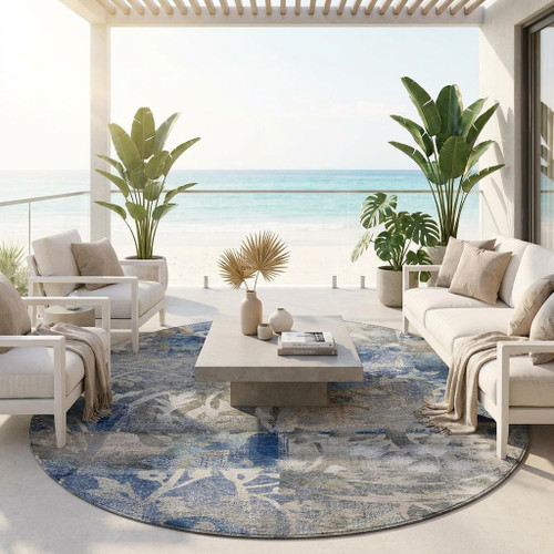8' Navy Blue And Blue Round Botanical Leaves Washable Indoor Outdoor Area Rug