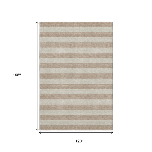 10' X 14' Beige And Taupe Striped Washable Area Rug With UV Protection