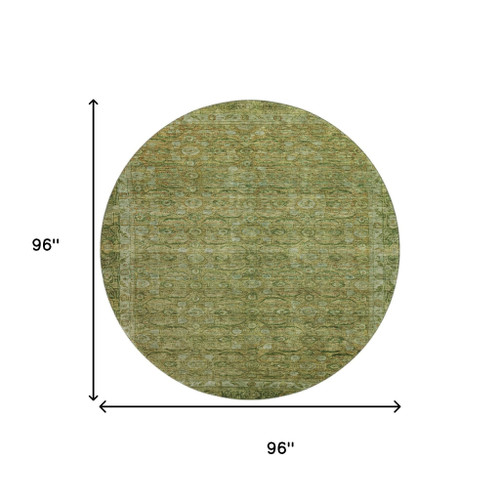 8' Artichoke Green And Copper Oriental Washable Round Rug With UV Protection