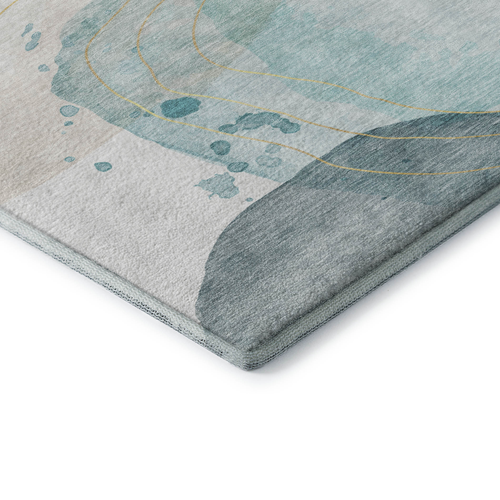 10' X 14' Beige Ivory And Teal Abstract Washable Area Rug With UV Protection