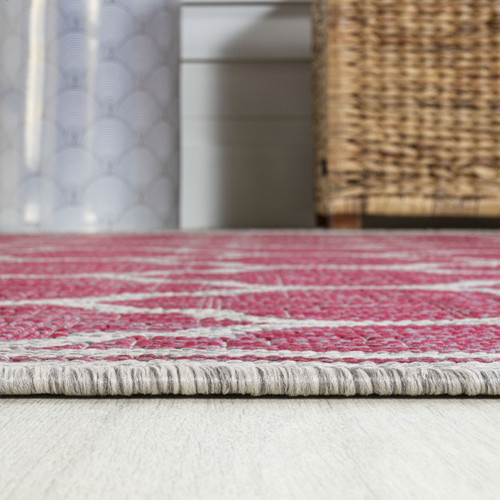 5' Fuchsia And Light Gray Square Geometric Indoor Outdoor Area Rug