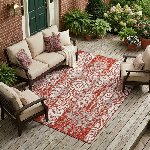 8' X 10' Red And Burgundy Damask Washable Indoor Outdoor Area Rug