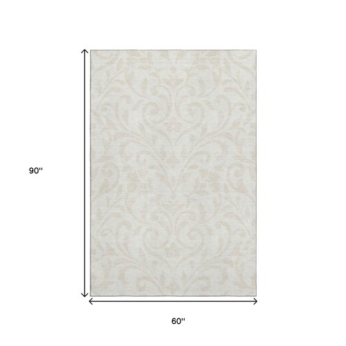 5' X 8' Ivory And Beige Floral Washable Area Rug With UV Protection