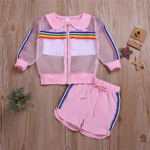 Girls Laple Design Rainbow Pattern Coat And Shorts With Camisole Set