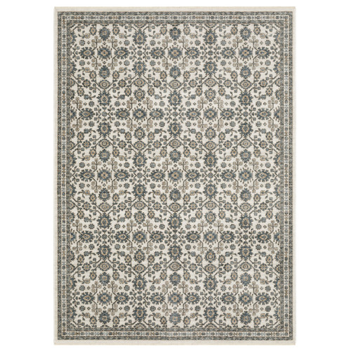 5' X 8' Ivory And Blue Floral Area Rug With Fringe