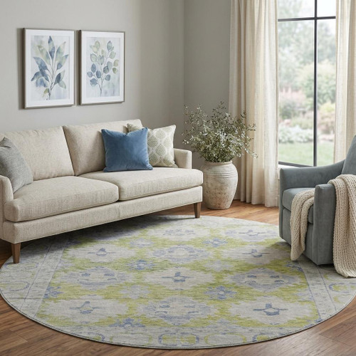 8' Artichoke Green And Blue Oriental Washable Round Rug With UV Protection