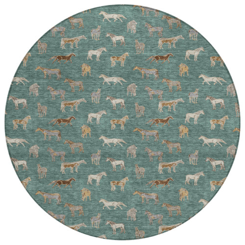 8' Green And Beige Round Horse Washable Indoor Outdoor Area Rug