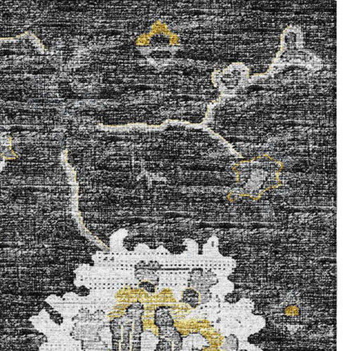 8' X 10' Graphite Ivory And Gold Floral Medallion Distressed Washable Area Rug With UV Protection