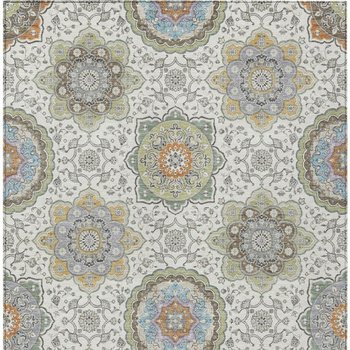 8' X 10' Ivory And Khaki Floral Medallion Washable Indoor Outdoor Area Rug