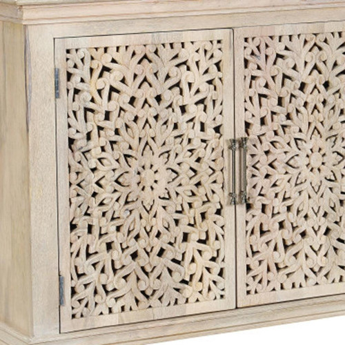72" White Solid Wood Carved Floral Sideboard With Three Doors