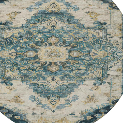8' Teal Blue And Graphite Round Floral Medallion Washable Indoor Outdoor Area Rug