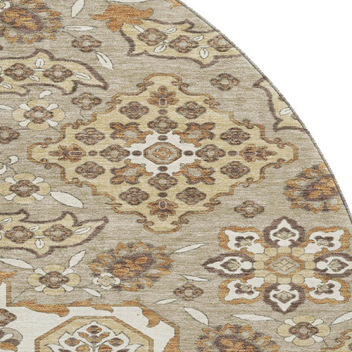 8' Taupe And Beige Floral Medallion Washable Round Rug With UV Protection