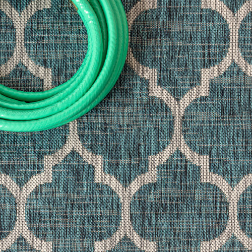 8' Teal Blue And Gray Round Geometric Indoor Outdoor Area Rug