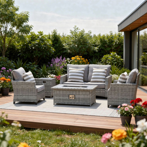Five Piece Gray Rattan Sofa Seating Group With Fire Pit And Table