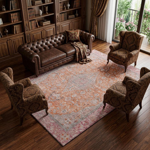 10' X 14' Orange Red And Gray Floral Medallion Washable Area Rug With UV Protection