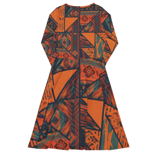 Orange and Green Patch work Art Print Long Sleeve Midi Dress