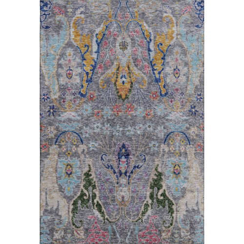 5' X 8' Gray Blue And Gold Floral Washable Area Rug With UV Protection