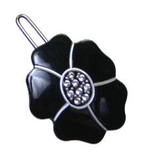 Handmade Wire Barrettes with Black & Silver Rhinestone Flowers