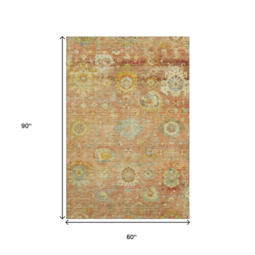 5' X 8' Coral Gold And Blue Floral Washable Area Rug With UV Protection
