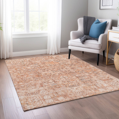 9' X 12' Salmon Orange And Gray Floral Washable Indoor Outdoor Area Rug