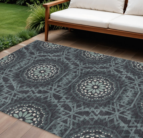 10' X 14' Charcoal Gray And Ivory Floral Medallion Washable Indoor Outdoor Area Rug