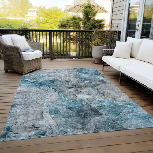 10' X 14' Teal Blue And Navy Blue Abstract Washable Indoor Outdoor Area Rug