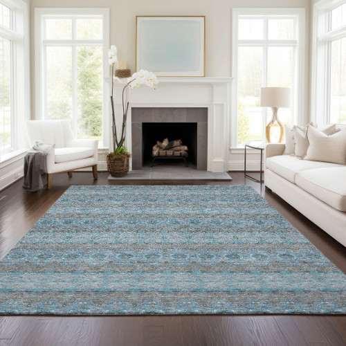 8' X 10' Teal Blue Aqua And Gray Floral Medallion Washable Indoor Outdoor Area Rug