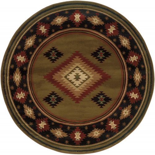 8' Green Round Southwestern Power Loom Stain Resistant Area Rug