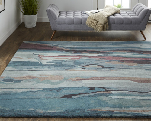 5' X 8' Blue and Orange Wool Abstract Hand Tufted Area Rug