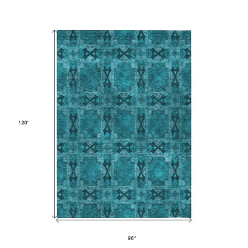 8' X 10' Teal Floral Medallion Washable Non Skid Indoor Outdoor Area Rug