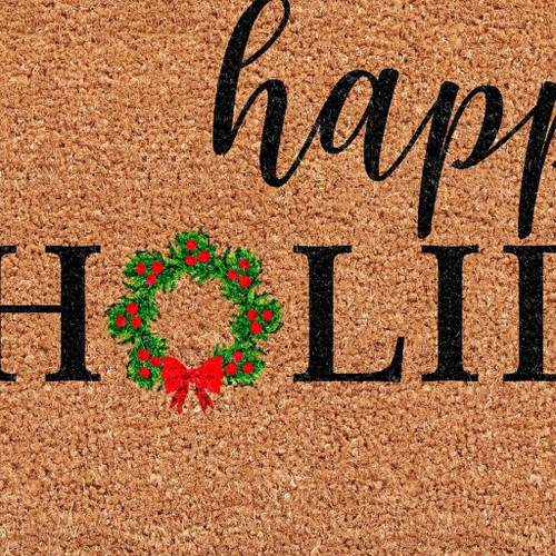 17" X 29" Brown Black And Green Christmas Happy Holidays Outdoor Coir Door Mat