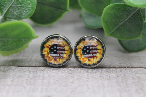 Sunflower with American Flag  Glass Stud Earrings