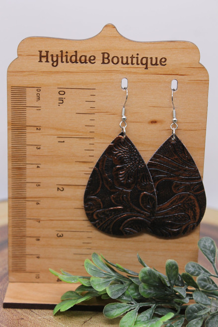 Brown Tooled Leather Teardrop || Faux Leather Dangle Earrings || Hypoallergenic