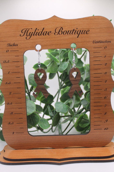 Ribbon with Heart Wood Dangle Earrings