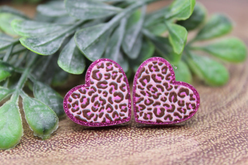 Pink Leopard Hearts | Stud Earrings | Hypoallergenic