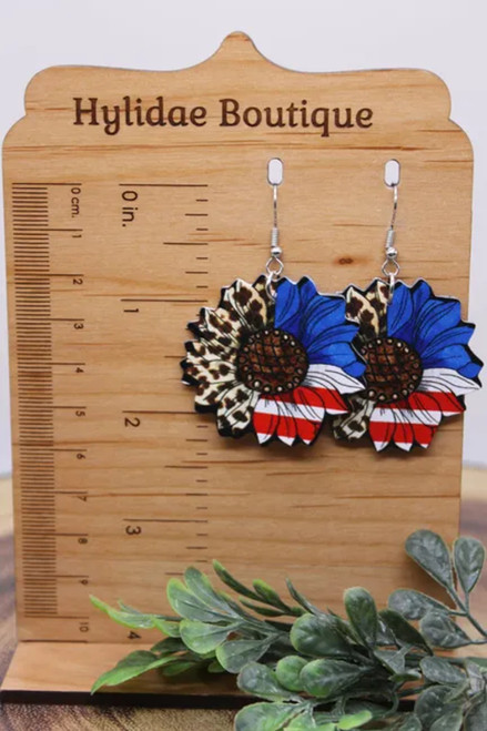 Leopard & American Flag Sunflowers || Faux Leather Dangle Earrings || Hypoallergenic
