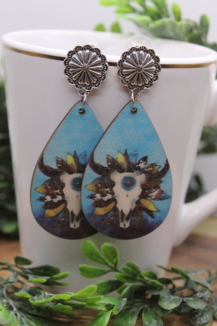 Steer Skull & Sunflower Teardrop || Dangle Earrings || Hypoallergenic